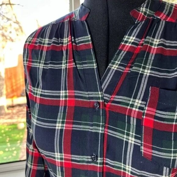 Market & Spruce Women’s Large Plaid Rayon Tunic Top Navy Red Long Sleeve - Picture 2 of 5